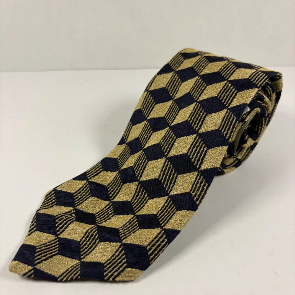 Ermenegildo Zegna Tie Mens OS Gold Navy Geometric Silk Flax Italy New Luxury